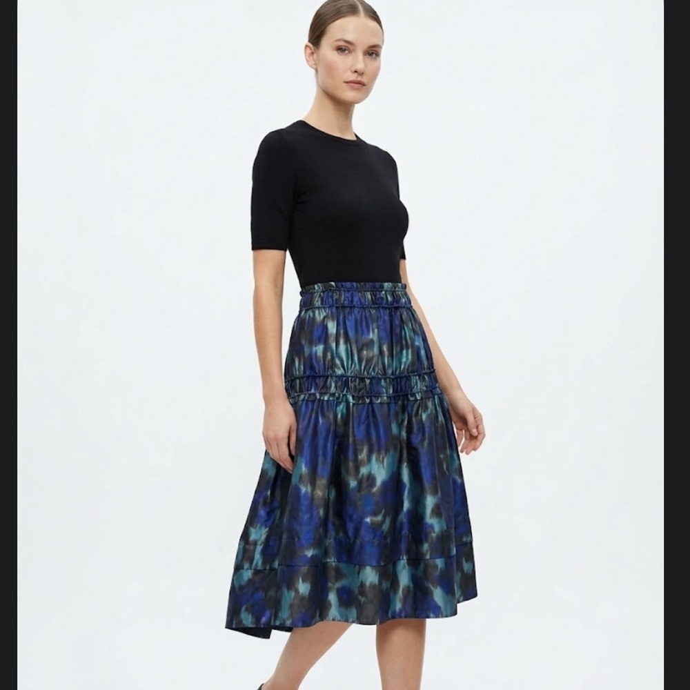 Derek Lam 100% Silk Tiered Midi Skirt in Blue-Green Print